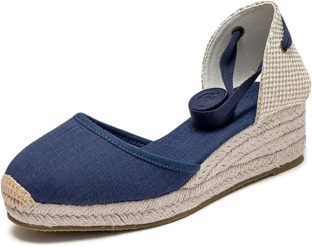 U-lite Womens Platform Wedge Sandals Espadrilles Closed Toe Ankle Strap Lace Up Ankle-Tie Strap Classic Espadrille Heel