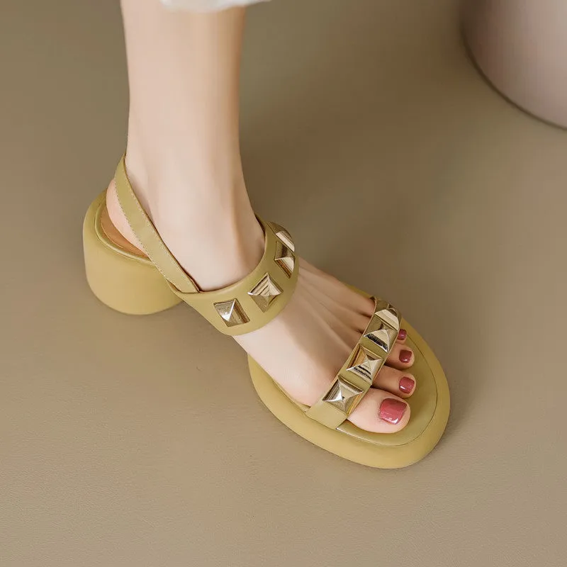 Wedge Sole and Rivet Details Yellow Open Toe Roman Sandals