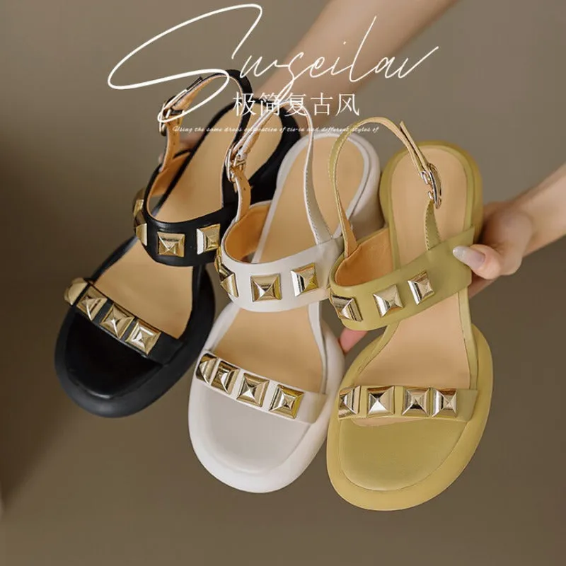 Wedge Sole and Rivet Details Yellow Open Toe Roman Sandals