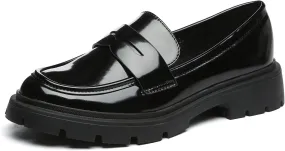Women's Chunky Platform Loafers with Chain or Buckle Patent Leather Black Penny Loafers Fashion Office Shoes School Dress Shoes Comfort Slip-on