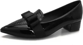 Womens Comfortable Patent Leather Chunky Loafer Pumps with Bow Pointed Closed Toe Penny Loafers 1 Inch Low Block Heeled Loafers Shoes for Women Party Business