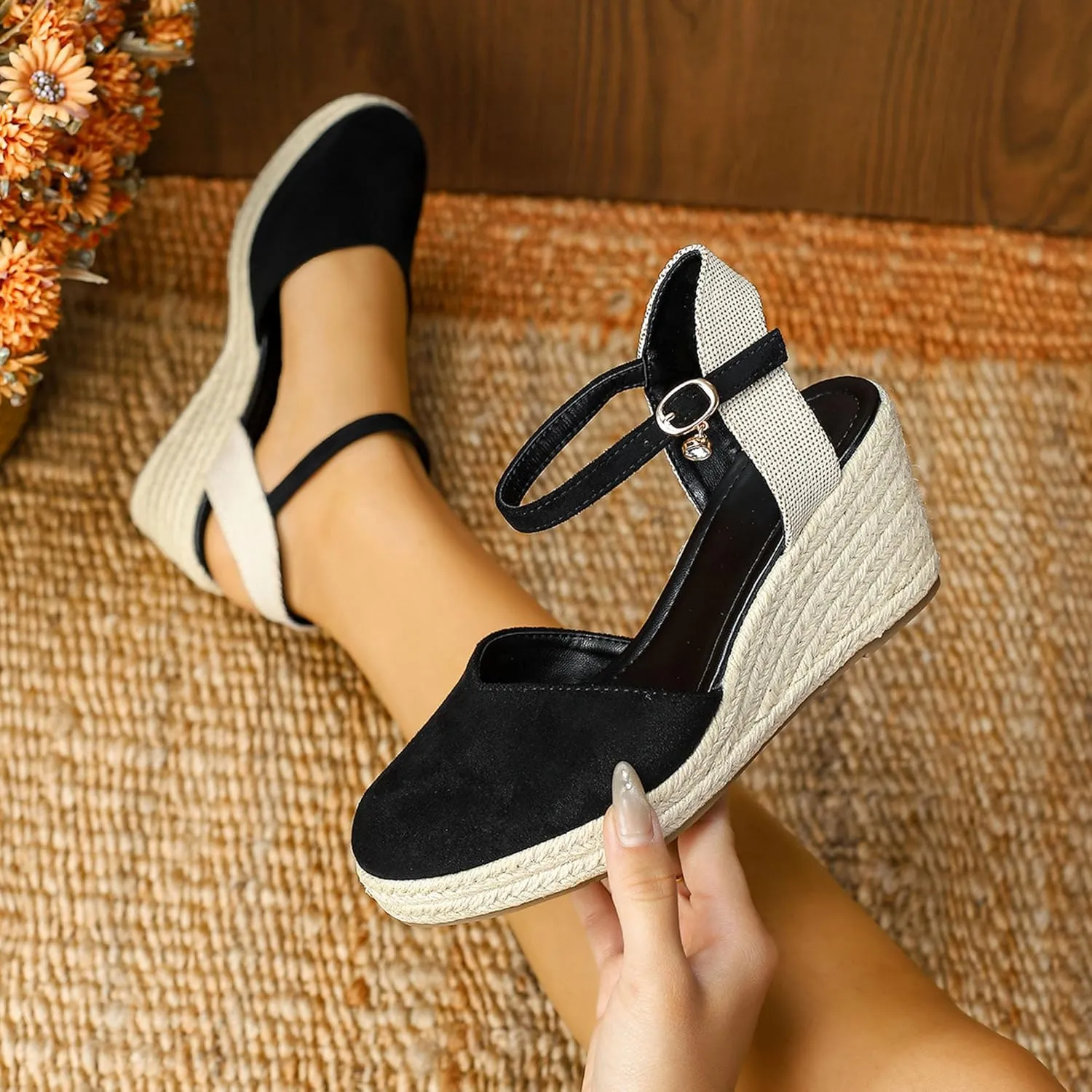 Womens Espadrilles Sandals, Closed Toe Platform for Women Adjustable Ankle Strap Casual Comfortable Wedge Sandals