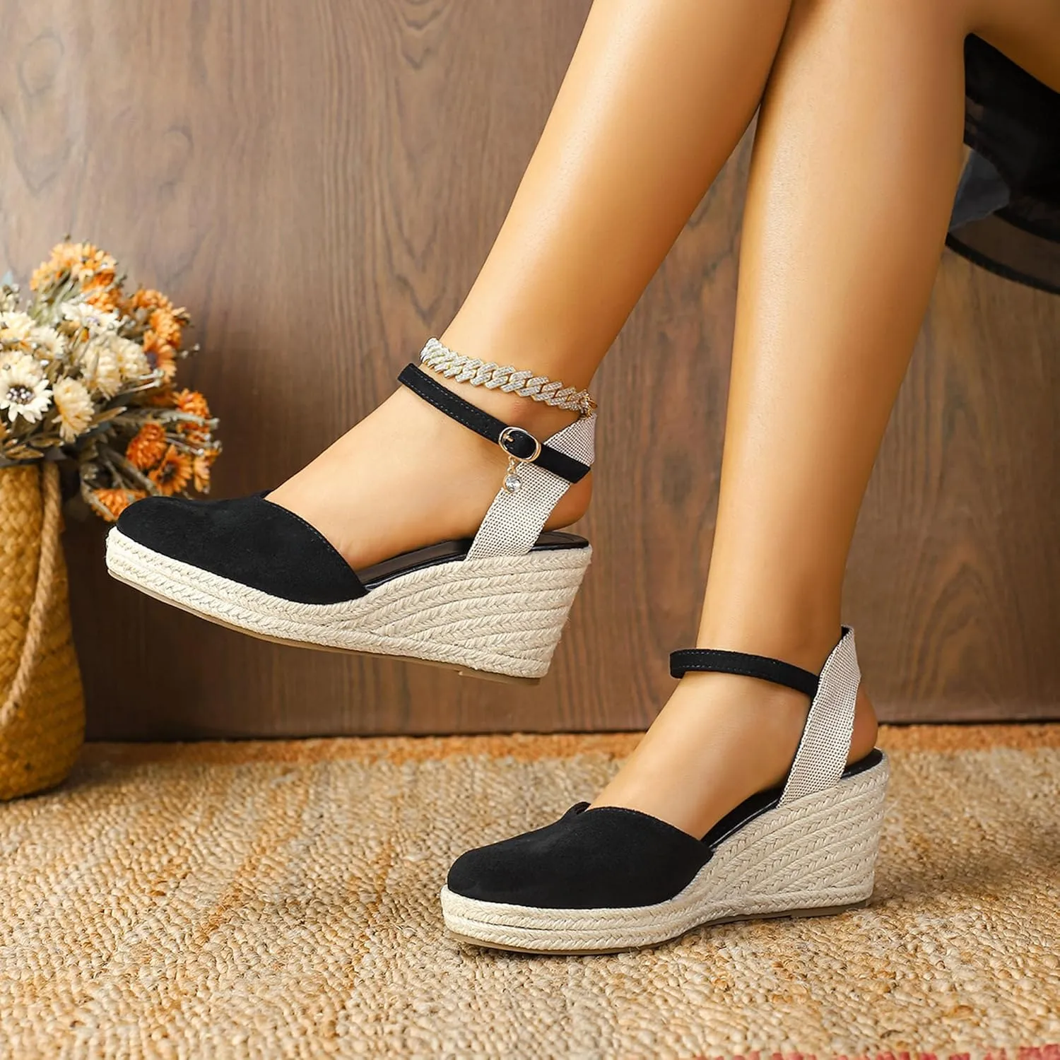 Womens Espadrilles Sandals, Closed Toe Platform for Women Adjustable Ankle Strap Casual Comfortable Wedge Sandals