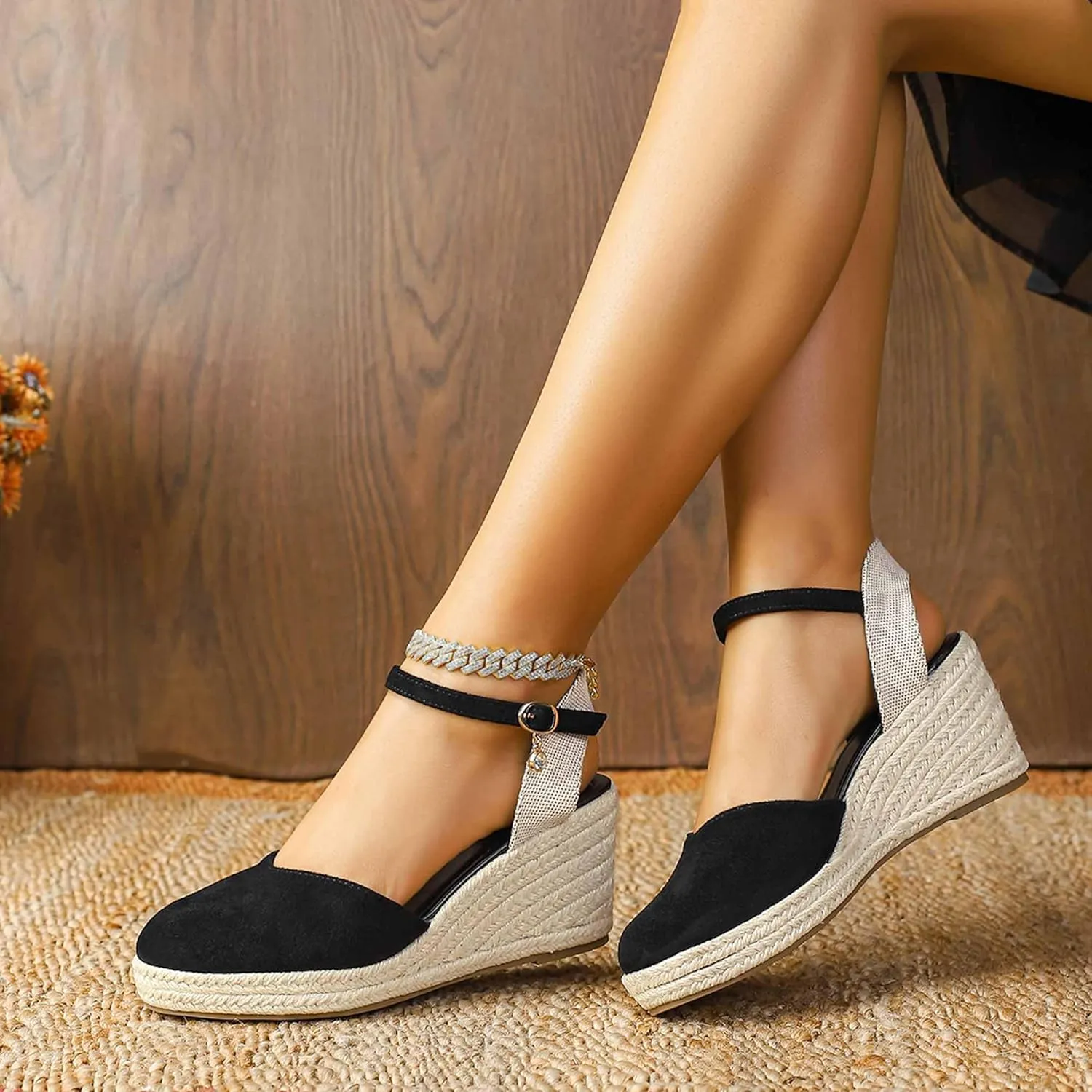 Womens Espadrilles Sandals, Closed Toe Platform for Women Adjustable Ankle Strap Casual Comfortable Wedge Sandals