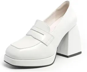 Women's Patent Leather Chunky Heel Penny Loafers Retro Square Toe High Heels Non-Slip Slip-On Business Evening Wedding Formal Shoes