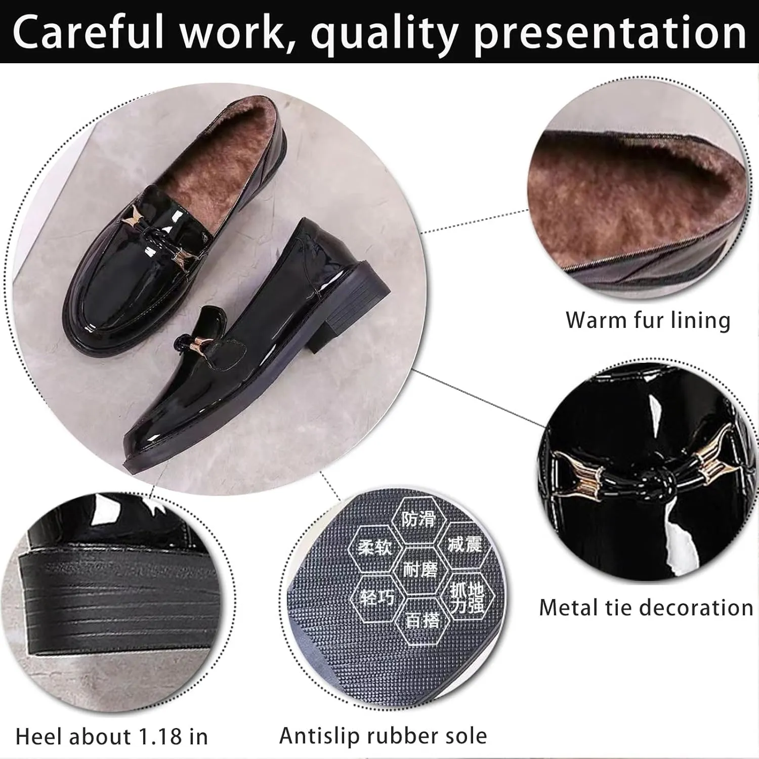 Women's Patent Leather Platform Casual Loafers Classic Round Toe Chunky Low Heel Metal Ties Decorate Comfortable Slip-On Penny Loafers