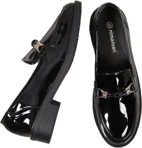 Women's Patent Leather Platform Casual Loafers Classic Round Toe Chunky Low Heel Metal Ties Decorate Comfortable Slip-On Penny Loafers