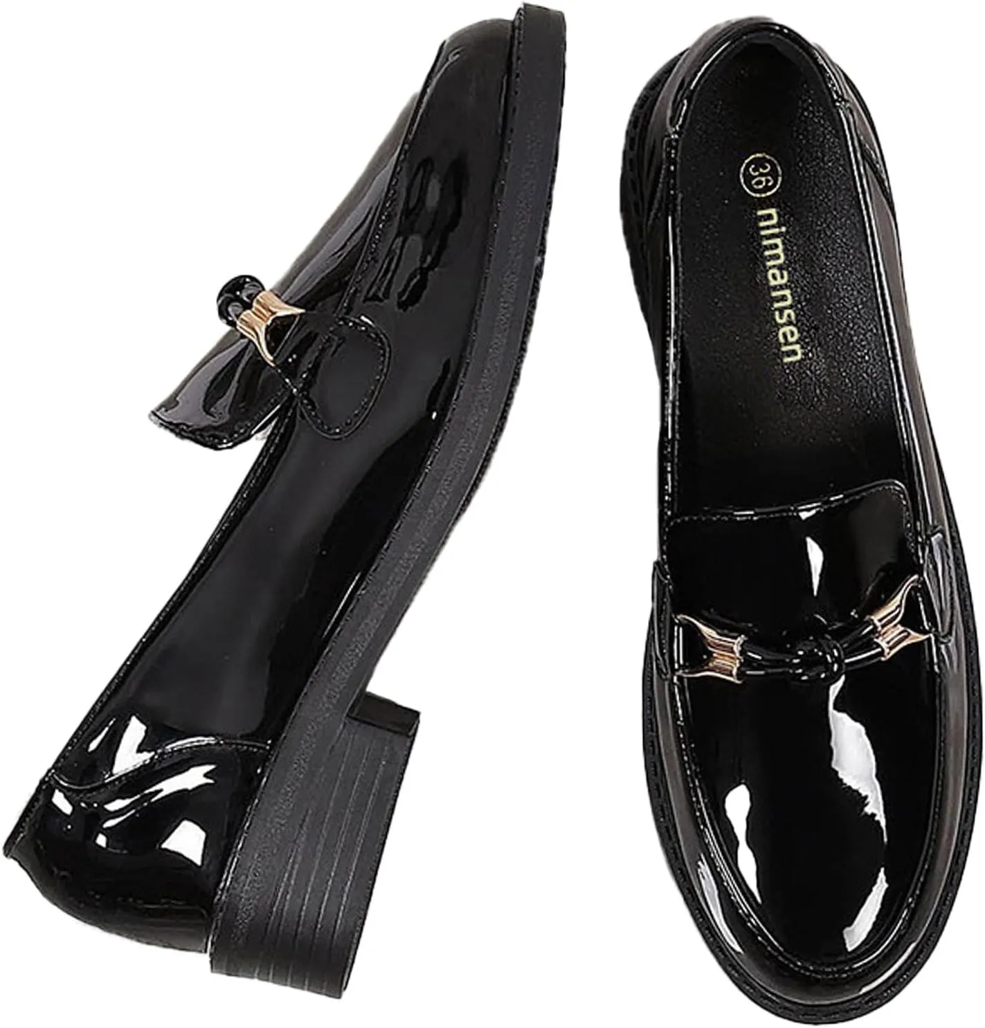 Women's Patent Leather Platform Casual Loafers Classic Round Toe Chunky Low Heel Metal Ties Decorate Comfortable Slip-On Penny Loafers