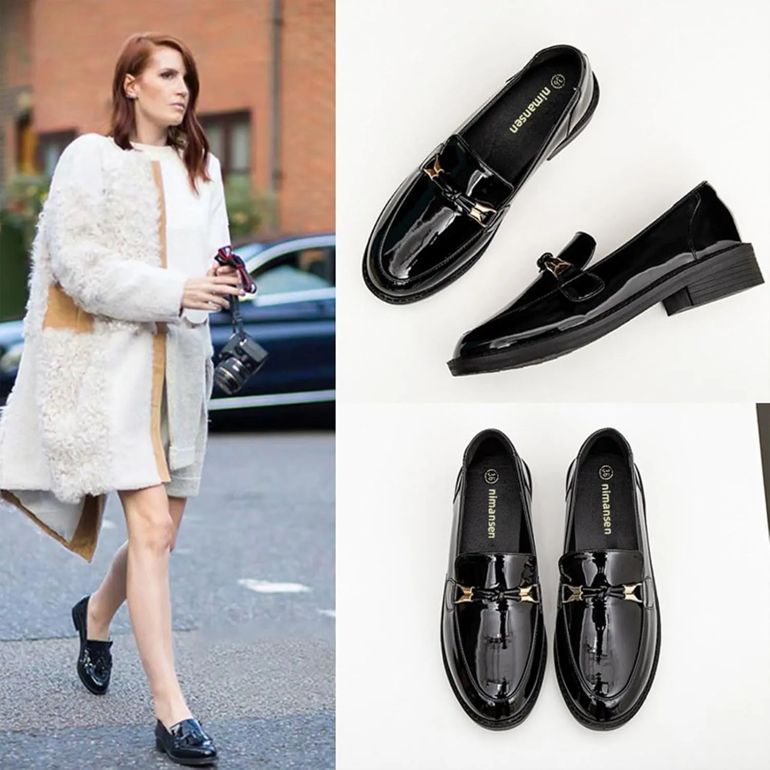 Women's Patent Leather Platform Casual Loafers Classic Round Toe Chunky Low Heel Metal Ties Decorate Comfortable Slip-On Penny Loafers