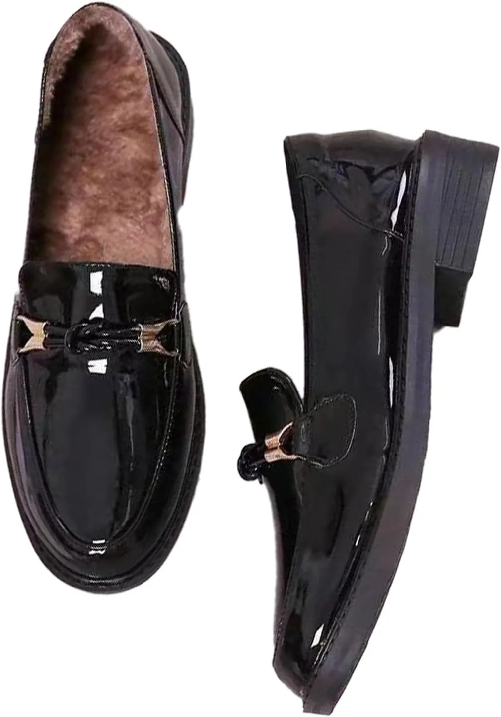 Women's Patent Leather Platform Casual Loafers Classic Round Toe Chunky Low Heel Metal Ties Decorate Comfortable Slip-On Penny Loafers
