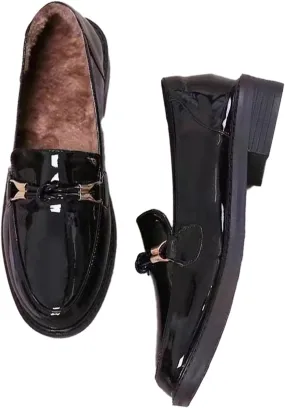 Women's Patent Leather Platform Casual Loafers Classic Round Toe Chunky Low Heel Metal Ties Decorate Comfortable Slip-On Penny Loafers