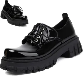 Women's Patent Leather Platform Chunky Loafers Perforated Lace-up Round Toe Wingtip Oxford Shoes Non-Slip Lug Sole Brogue Dress Shoe