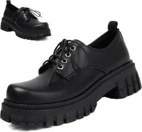Women's Patent Leather Platform Chunky Loafers Perforated Lace-up Round Toe Wingtip Oxford Shoes Non-Slip Lug Sole Brogue Dress Shoe
