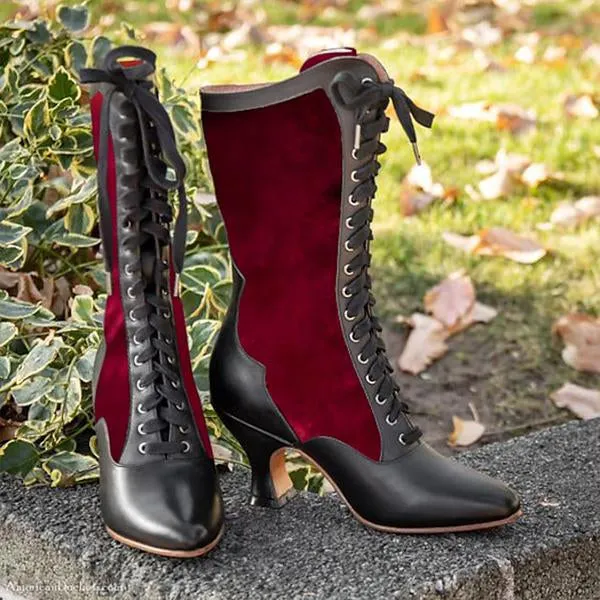 Women's Retro Strap Color Block Kitten Heel Mid-calf Boots 36127155S
