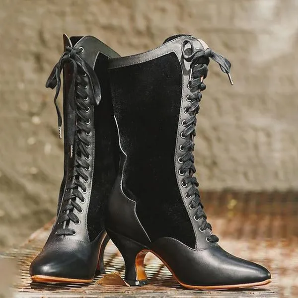 Women's Retro Strap Color Block Kitten Heel Mid-calf Boots 36127155S