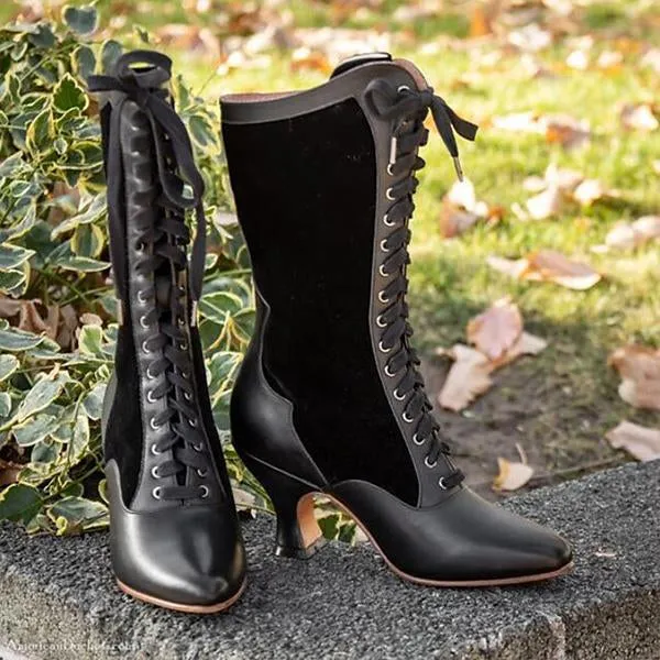 Women's Retro Strap Color Block Kitten Heel Mid-calf Boots 36127155S