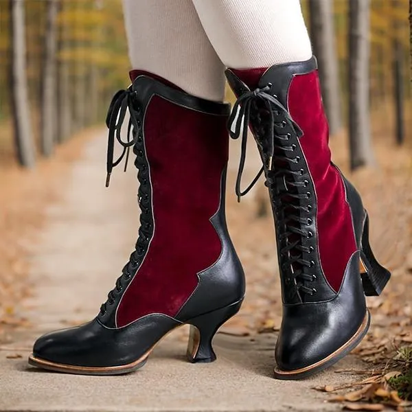 Women's Retro Strap Color Block Kitten Heel Mid-calf Boots 36127155S