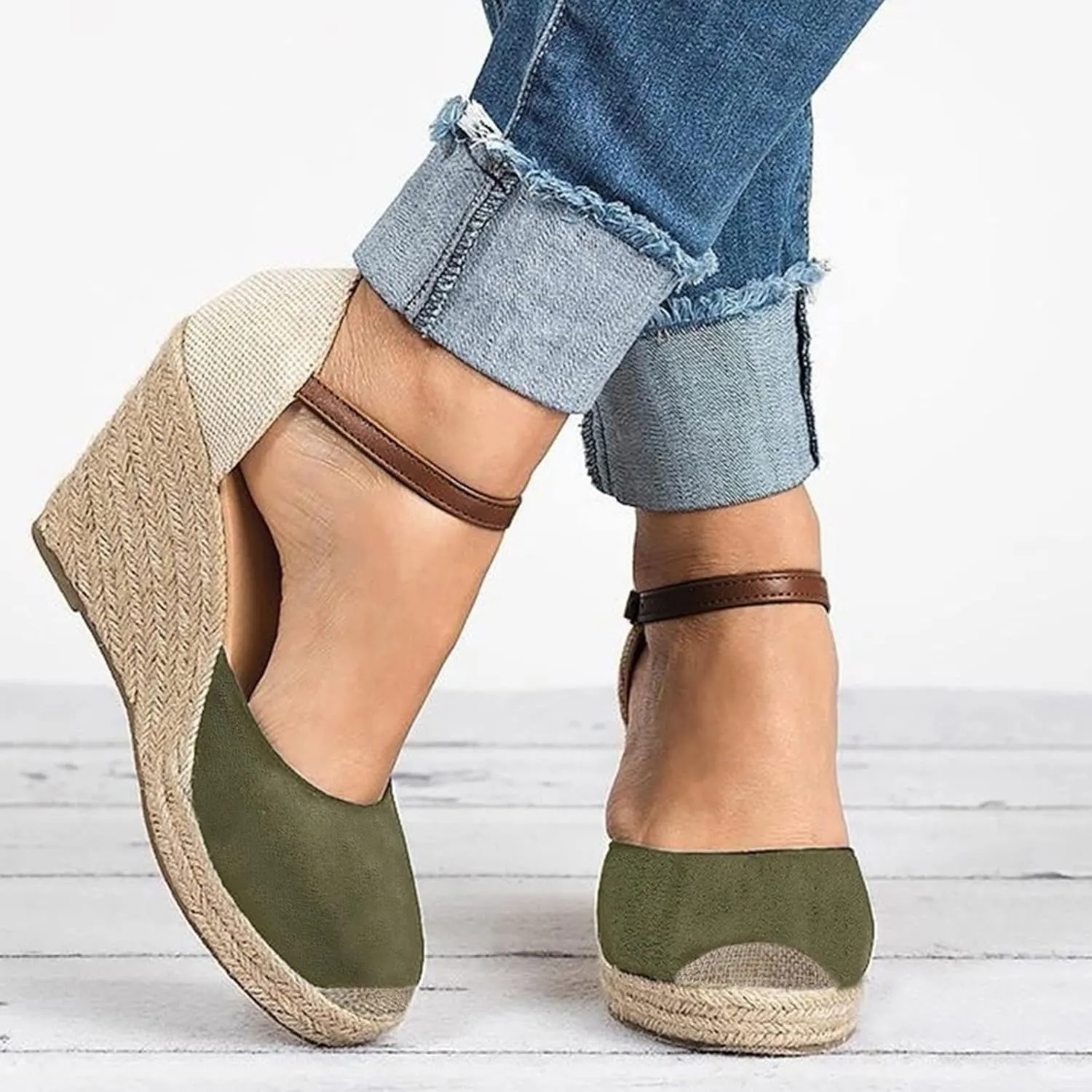 Womenyiaor Womens Closed Toe Sandals, Espadrilles for Women Closed Toe Wedges Summer Sandals Ankle Strap Casual Closed Toe Wedge Sandals for Women Espadrilles Wedges (E/Green, 8)